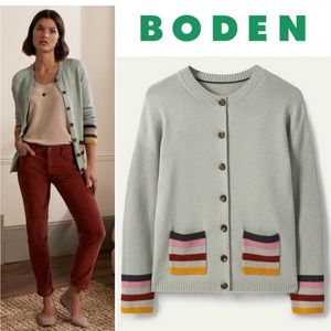 BODEN Stripe Pocket Relaxed Cardigan Sweater Raincloud Preppy US 12